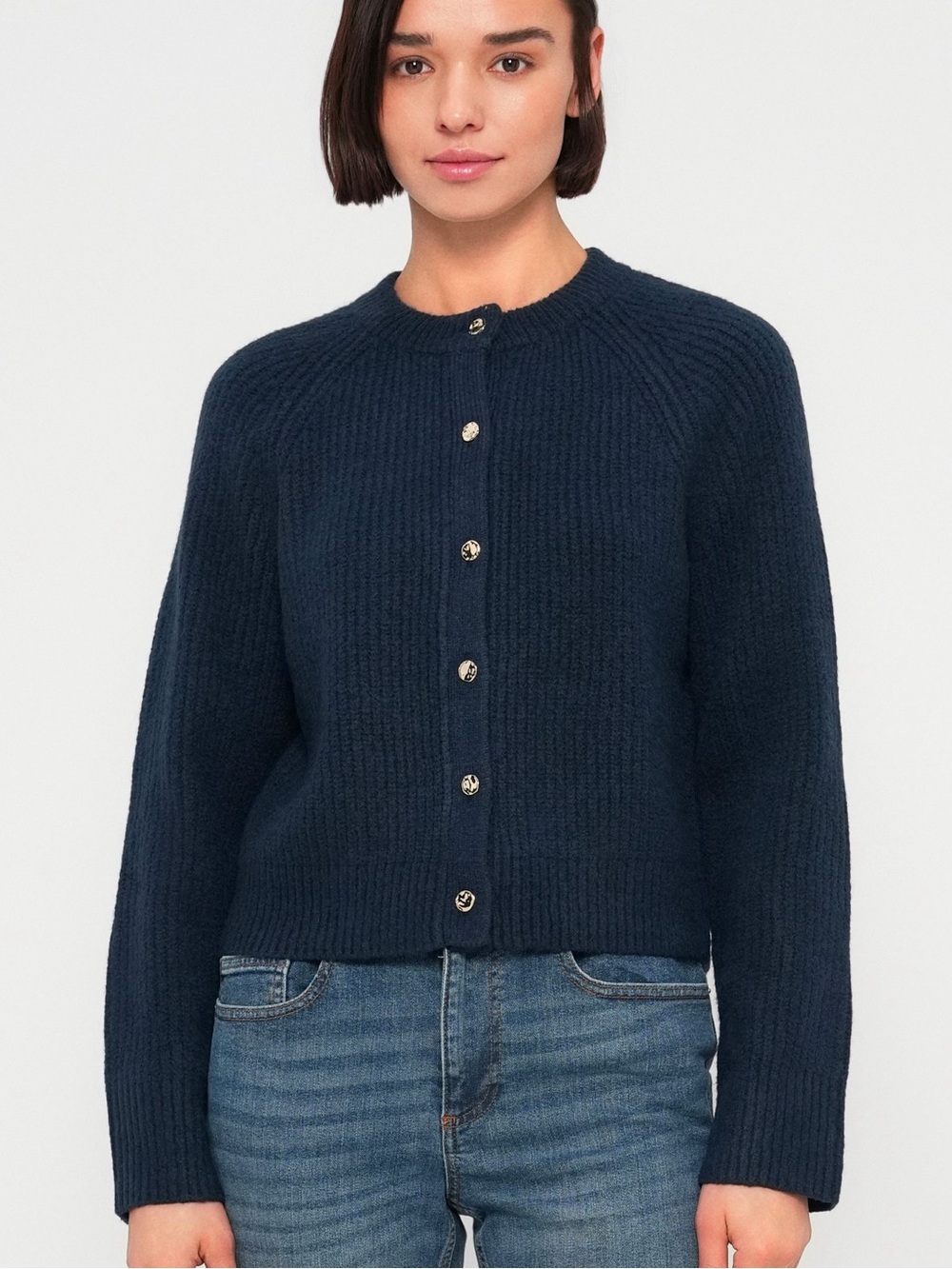 Abercrombie & Fitch Womens L Navy Ribbed Button-Up Crew Cardigan